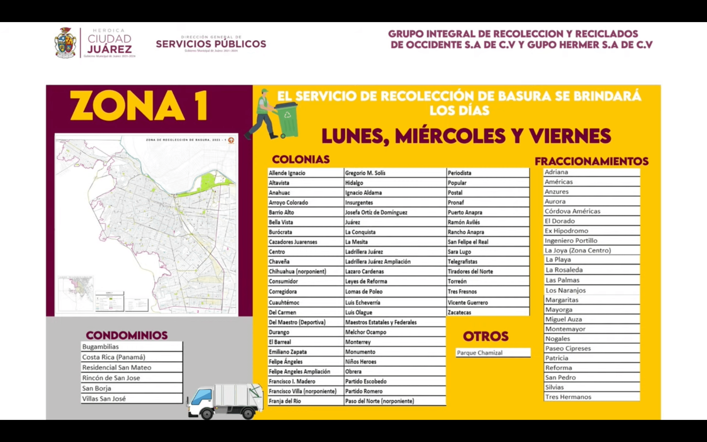 Conoce aquí los días que se recogerá la basura en tu colonia