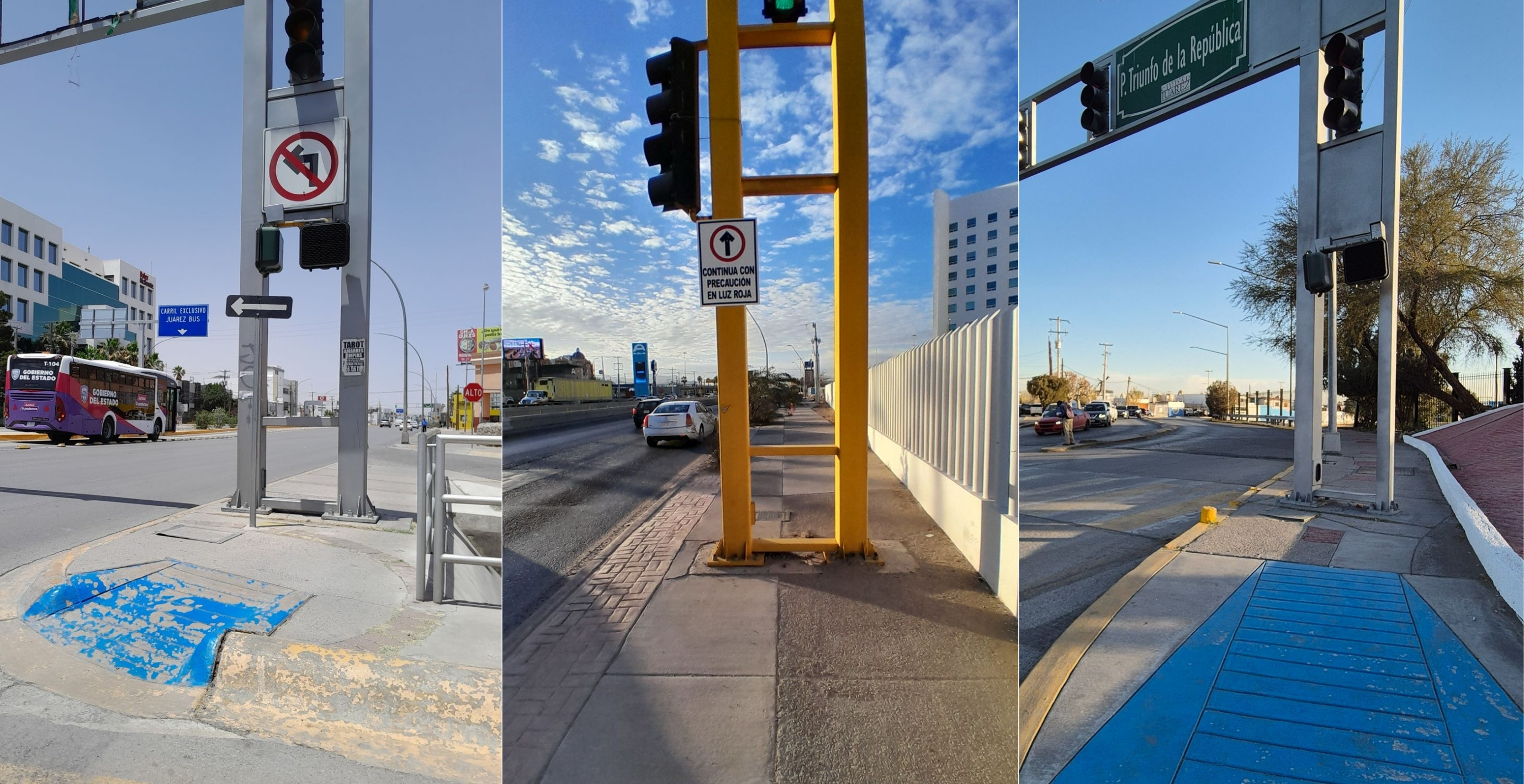 Denuncian banquetas bloqueadas por semáforos en avenidas principales